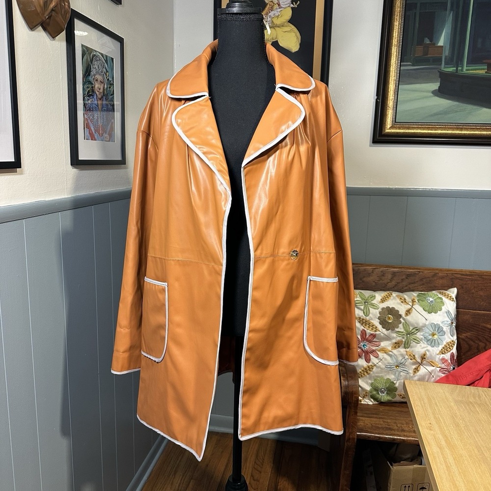 Trench Coat Burnt Orange Faux Leather Collared Woman LG 60s/70s Mod Vtg Inspired